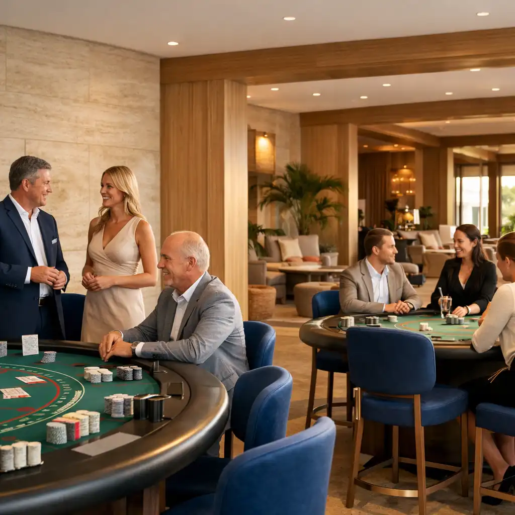 Világos, fizikai blackjack zóna cobalt kék ülőfelületekkel és lounge felé nyíló átjárással