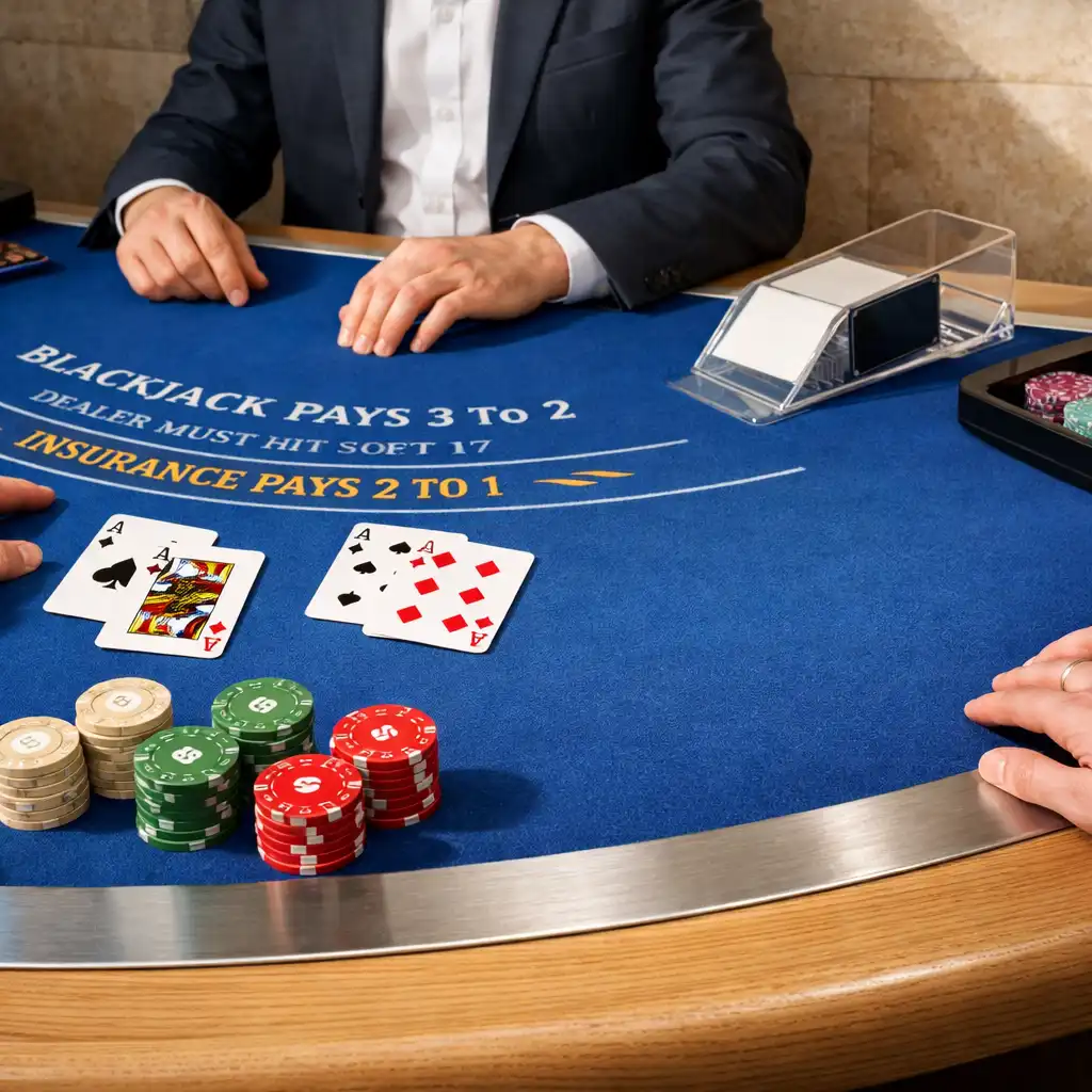 Fizikai blackjack asztal rendezett kártyákkal, semleges zsetonokkal, cobalt betéttel és kefélt alumínium éllel