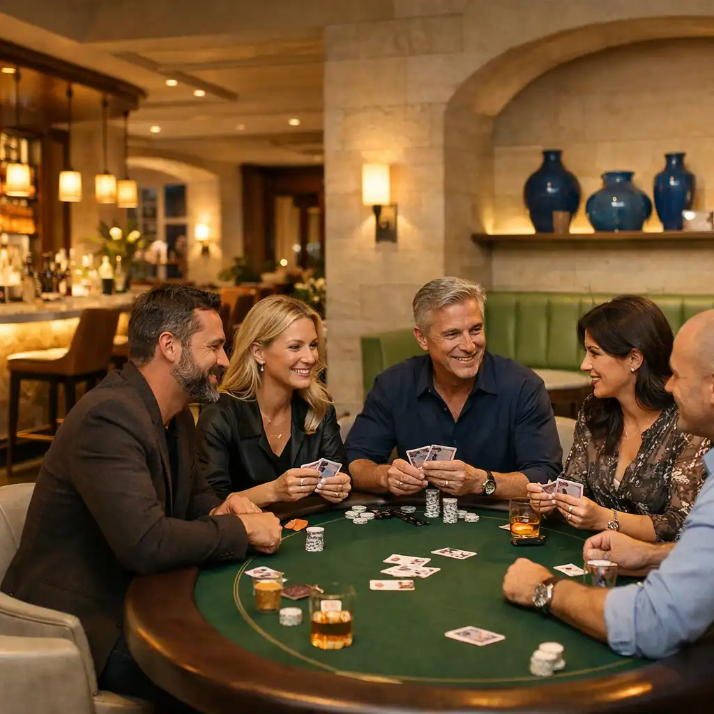 Felnőtt vendégek beszélgetnek egy valódi pokerasztal körül a világos Card Lounge terében
