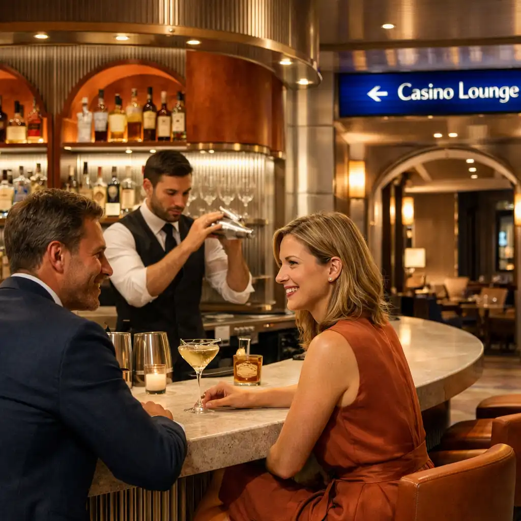 Koktélbár világos kőpulttal és casino lounge felé vezető kobalt jelölésű átjáróval.