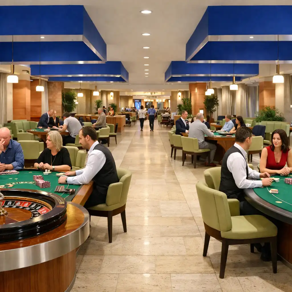 Világos fizikai casino floor poker-, rulett- és blackjack-asztalokkal