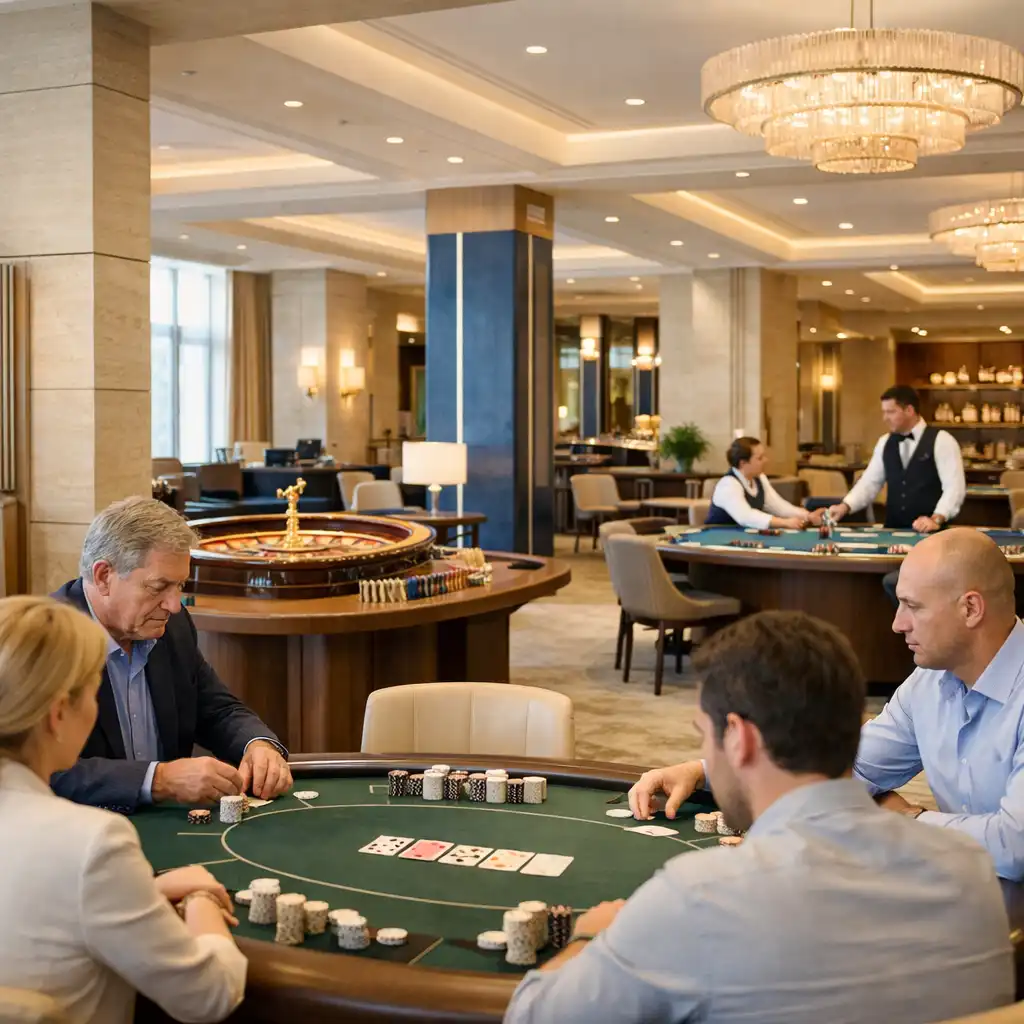 Világos fizikai casino floor pokerasztallal, rulettkerékkel és blackjack asztallal
