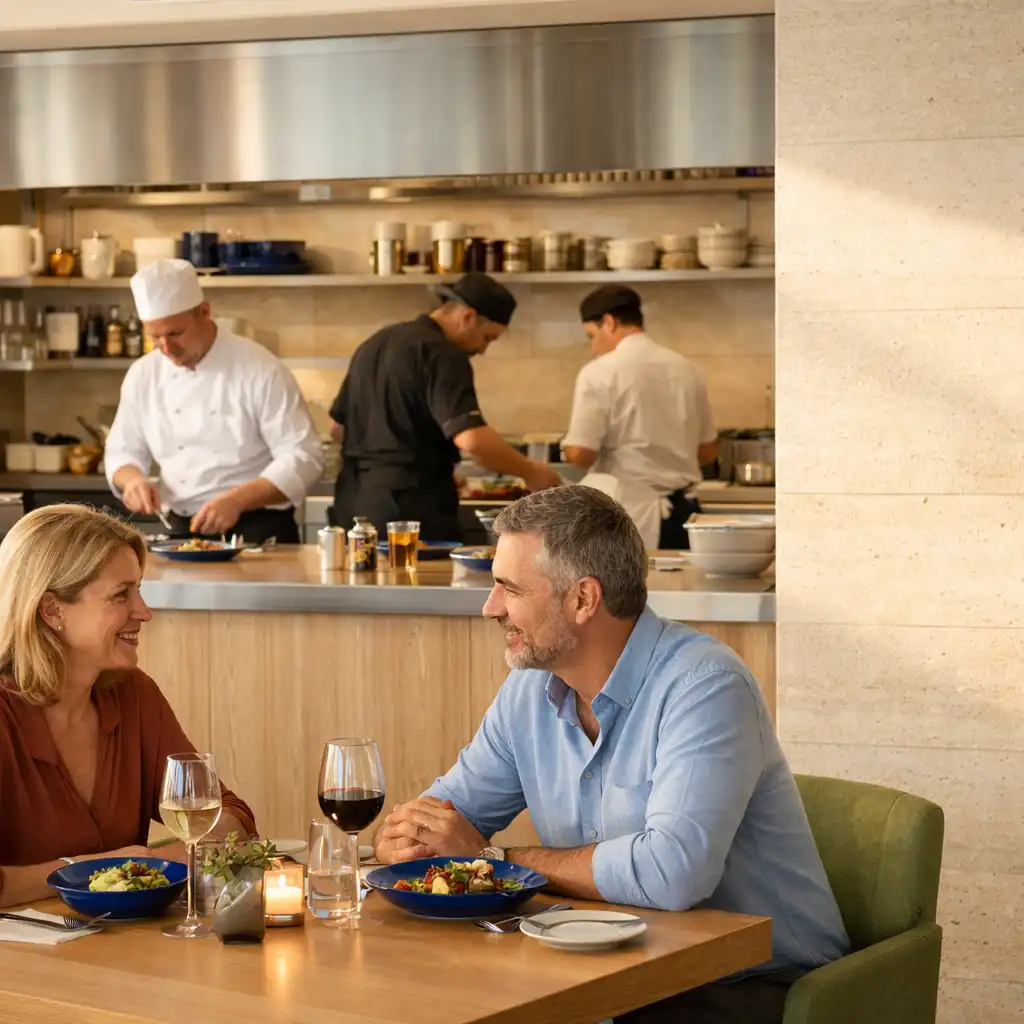 Vendégek az éttermi asztalnál, mögöttük világos Open Kitchen