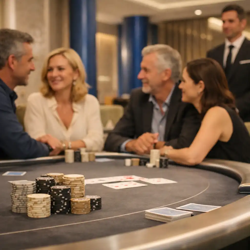 Fizikai pókerasztalnál ülő vendégek egy világos budapesti poker roomban