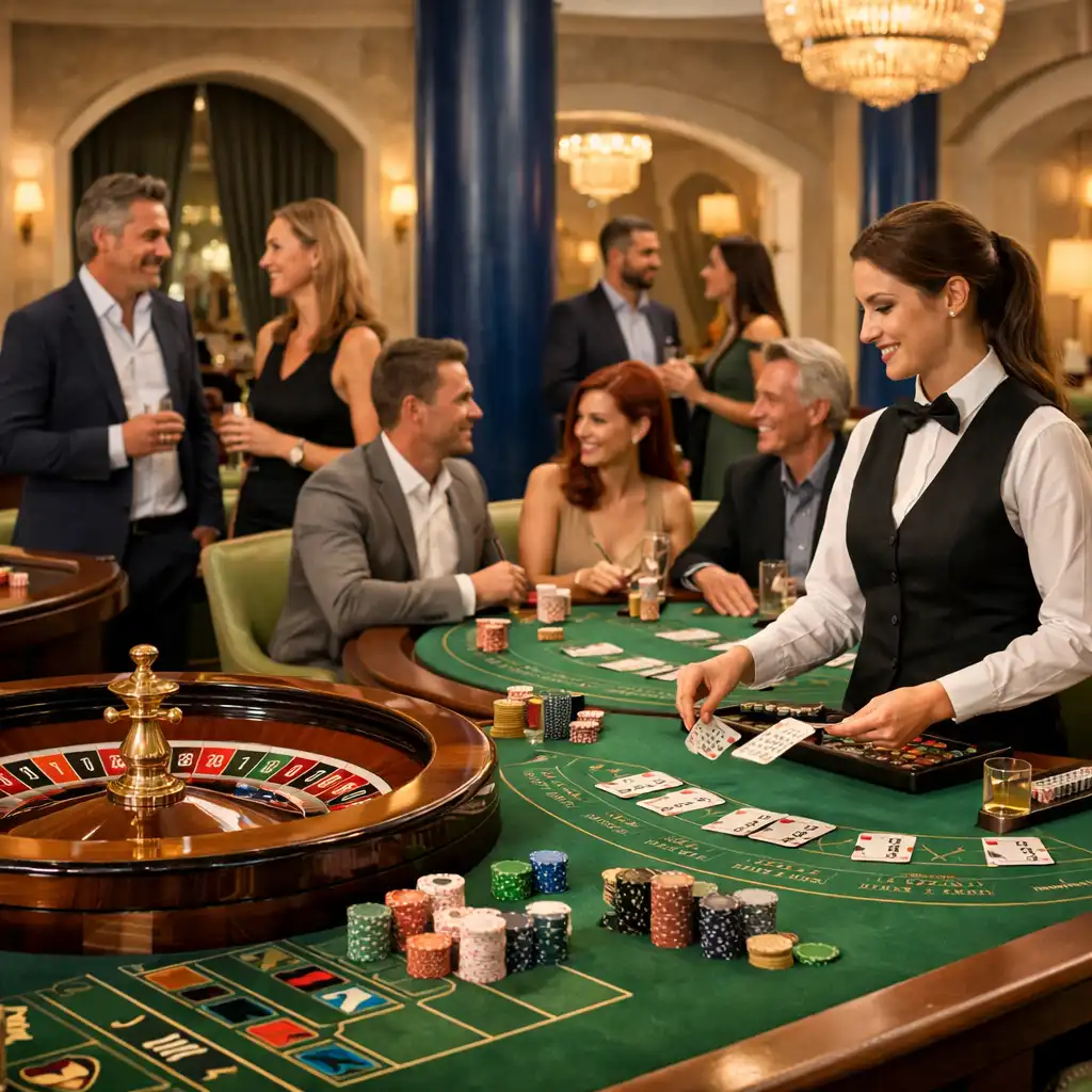 Fizikai rulettkerék és rulettasztal egy világos budapesti casino zónában