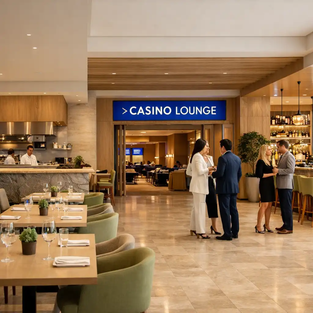 Világos érkezési tér éttermi asztalokkal, cocktail barral és casino lounge bejárattal