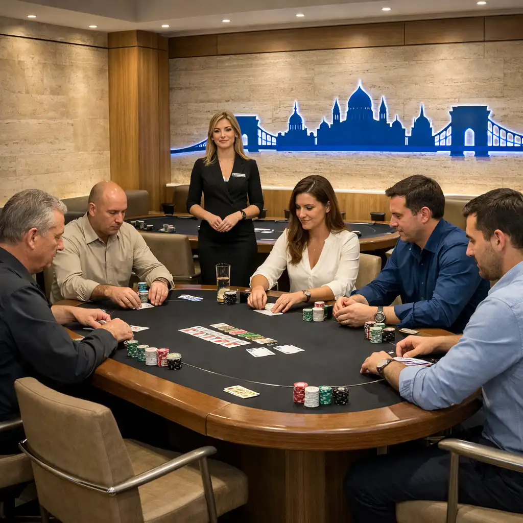 Valódi pokerasztal körül ülő vendégek világos poker roomban