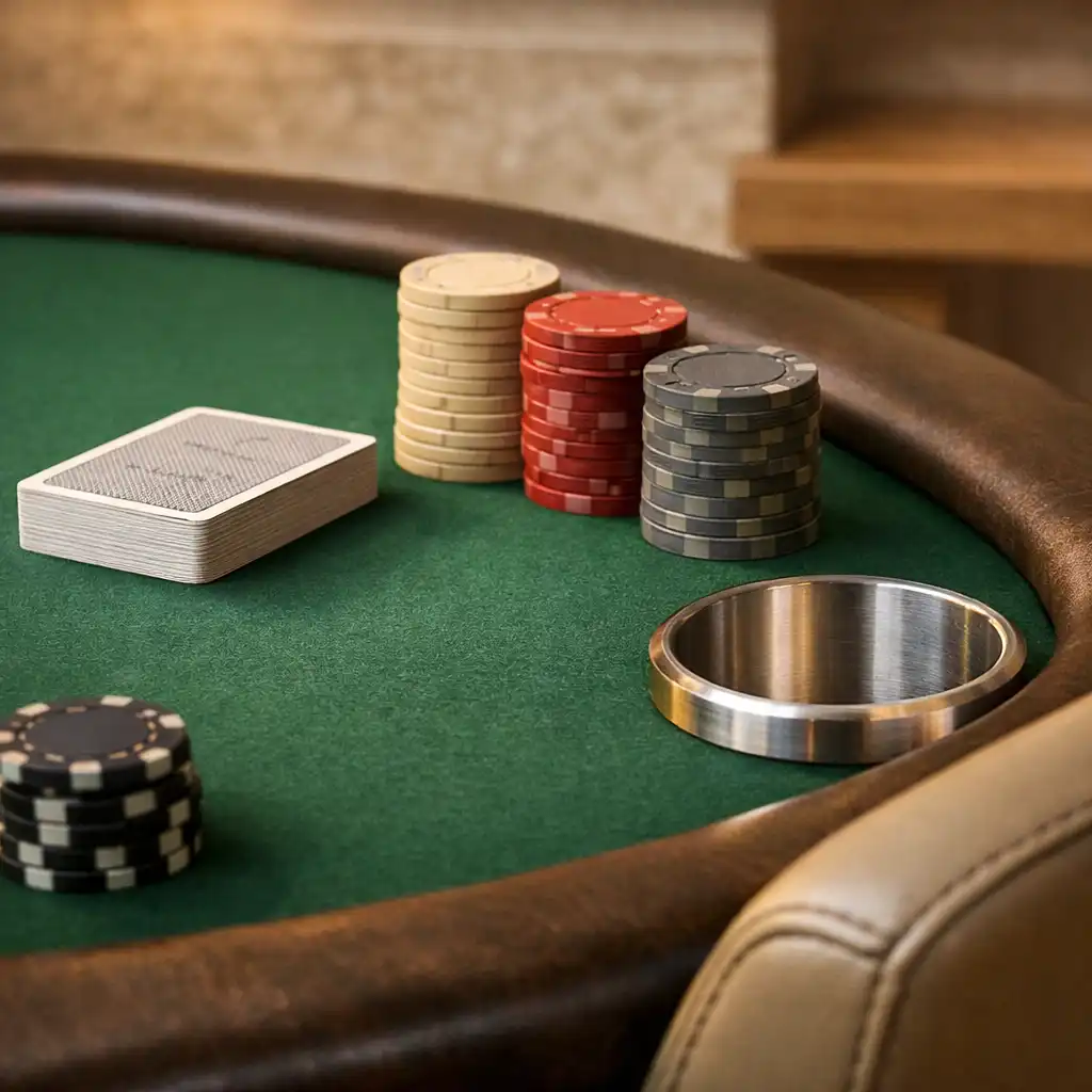 Részlet egy zöld filccel borított pokerasztalról semleges zsetonokkal és rendezett kártyapaklival