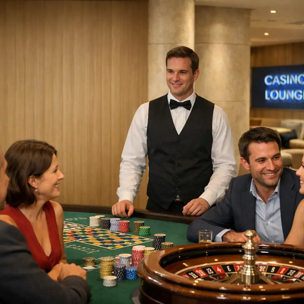 Vendégek és host egy fizikai rulettasztal körül, világos budapesti casino lounge térben